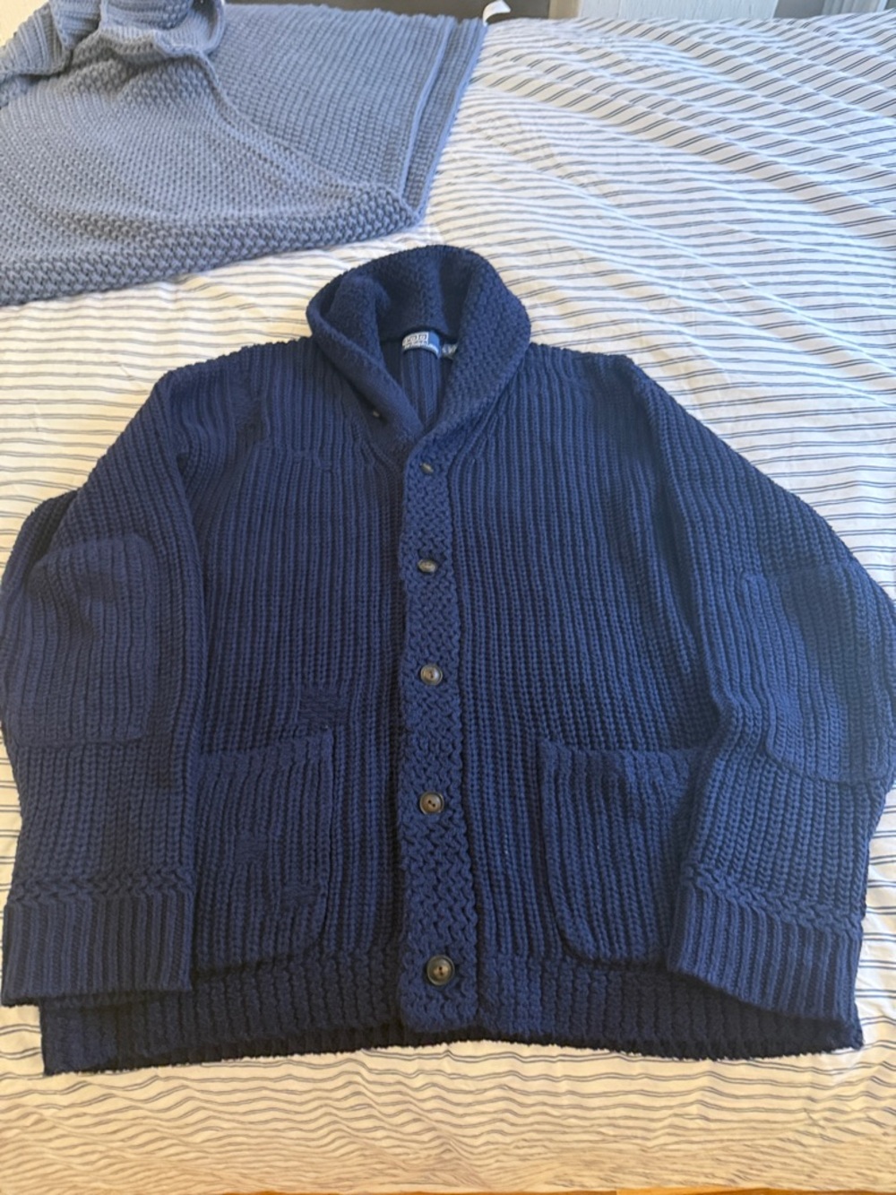 Ralph Lauren Men's Navy Shawl Collar Chunky Cardigan cotton linen blend